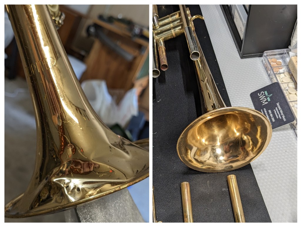Trumpet before and after dent repair
